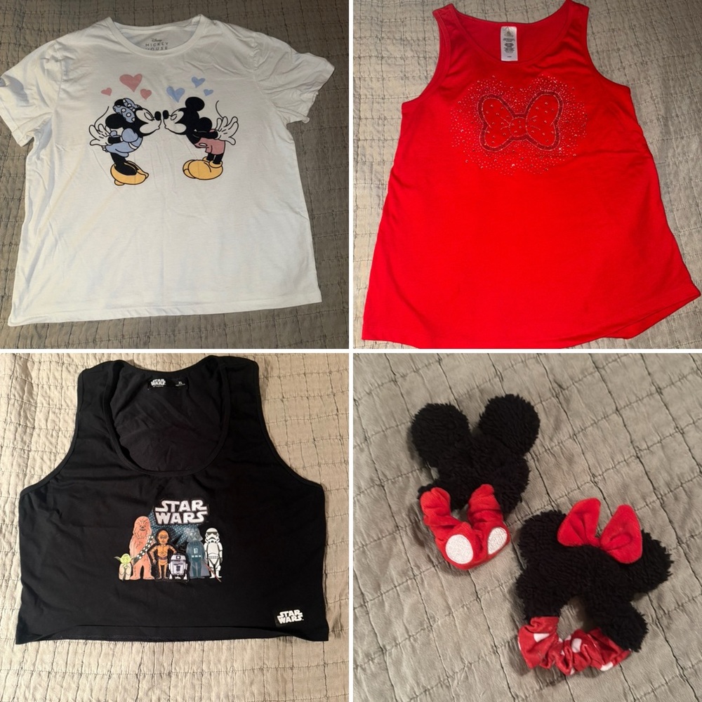 Lot of 3 Disney tops + Mickey & Minnie ear scrunchies